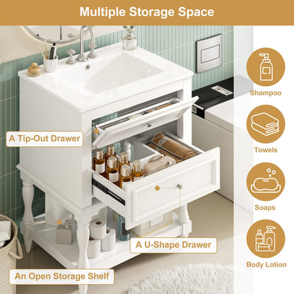 24'' White Ceramic Sink Bathroom Vanity - Retro Storage Cabinet
