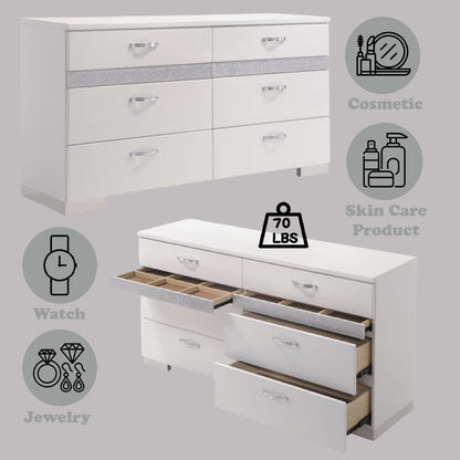 Naima II White Dresser - 6 Drawers Storage for Bedroom