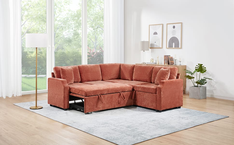 L-Shaped Chenille Sectional Sofa Bed - Orange, 81.9" for Living Room