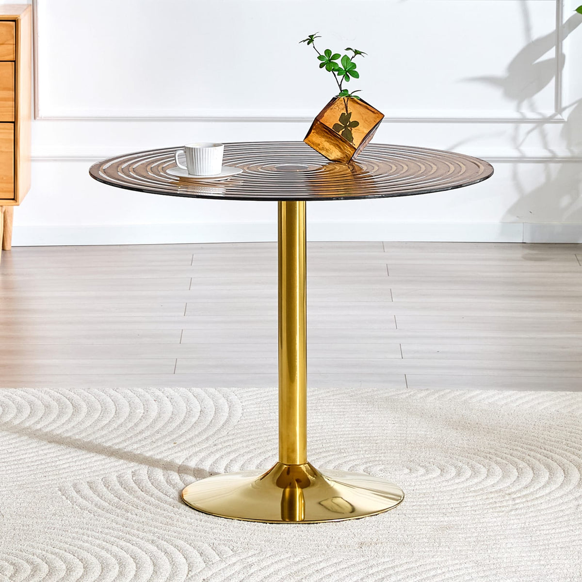 35 Inch Brown Ring Glass Round Table - Gold Metal Frame for Living Room