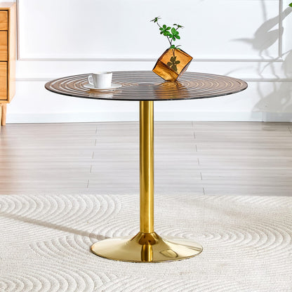 35 Inch Brown Ring Glass Round Table - Gold Metal Frame for Living Room