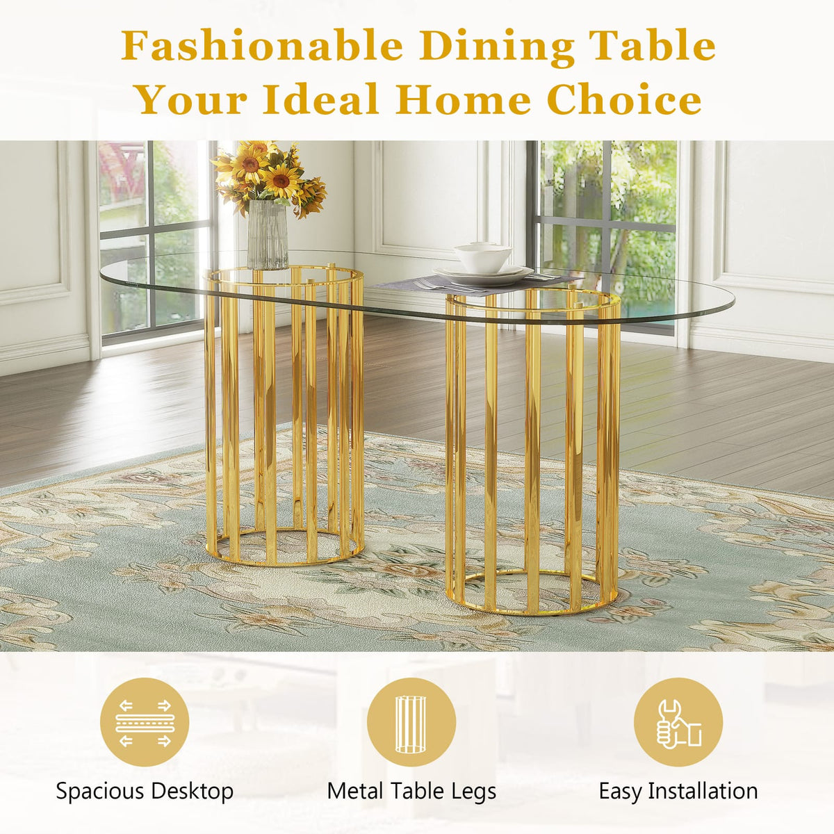 71 inch Gold Glass Dining Table for Kitchen or Dining Room
