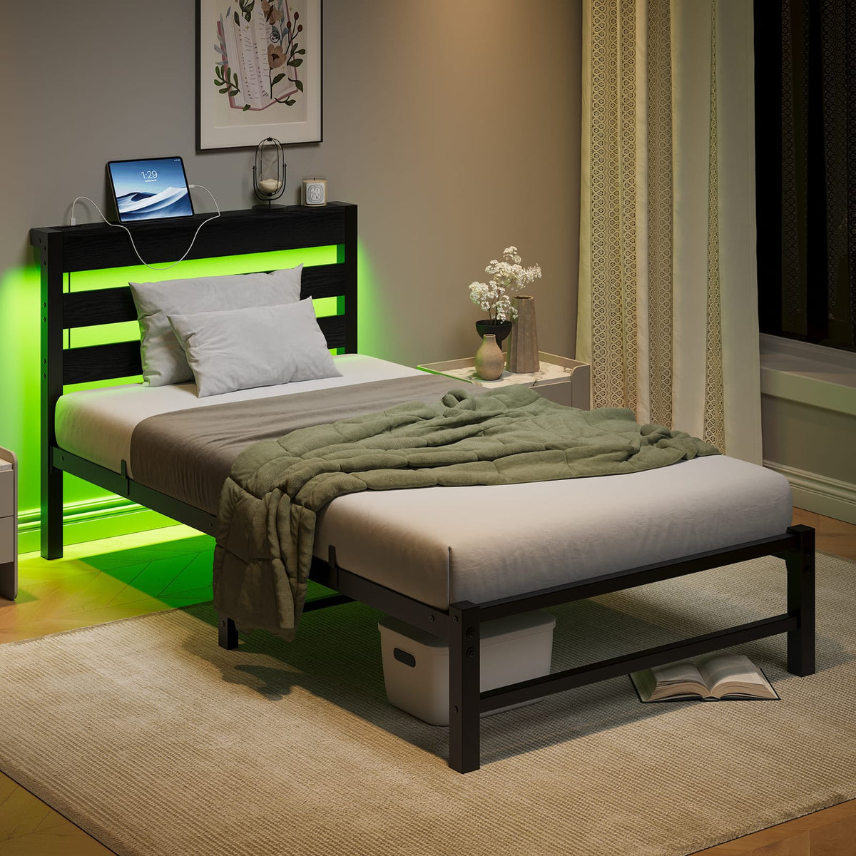 Twin Size Metal Bed Frame with LED Lights & USB Charging