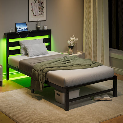Twin Size Metal Bed Frame with LED Lights & USB Charging