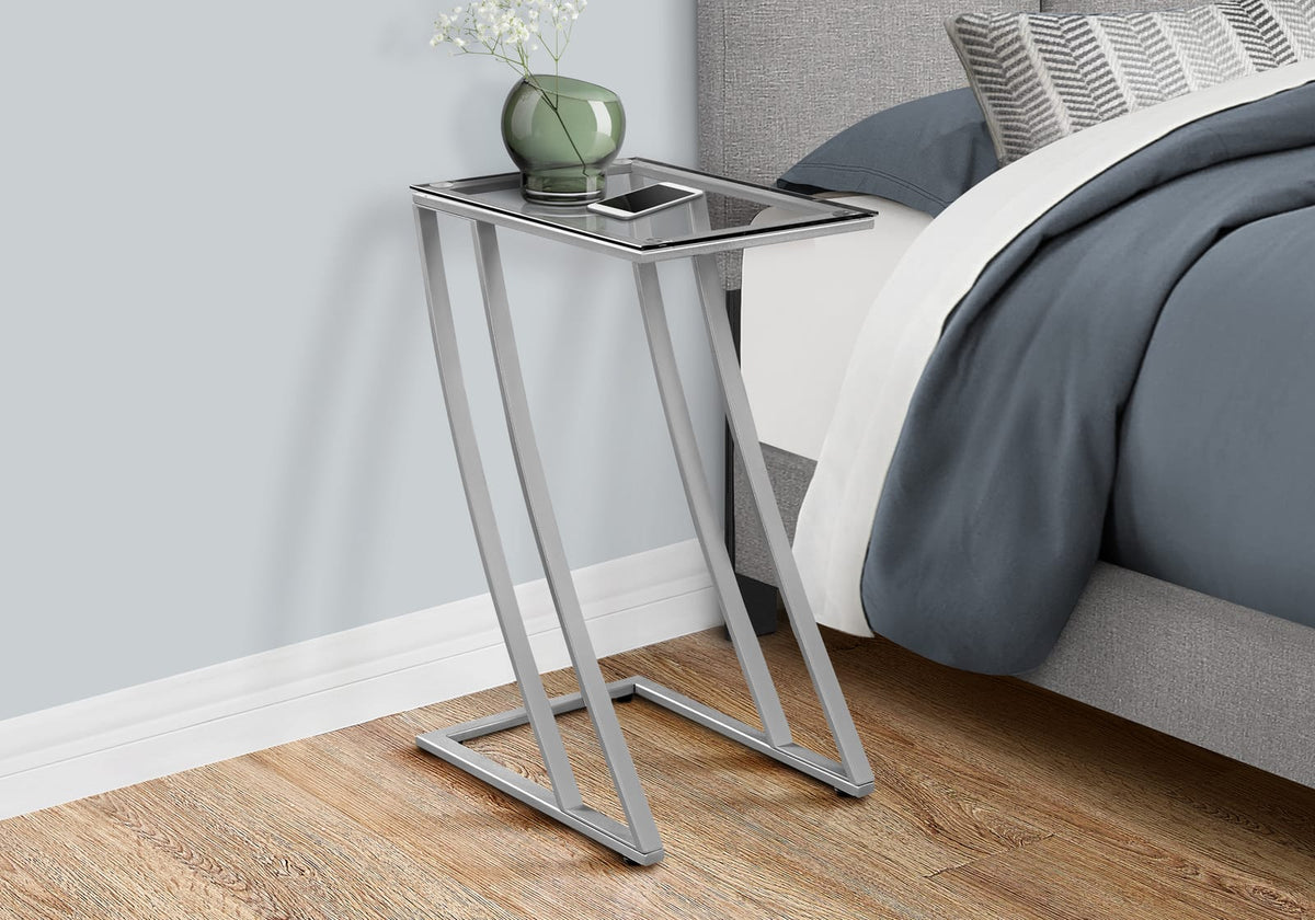 Silver Accent Table - C-Shaped Metal & Glass Snack Table