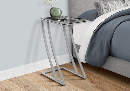 Silver Accent Table - C-Shaped Metal & Glass Snack Table