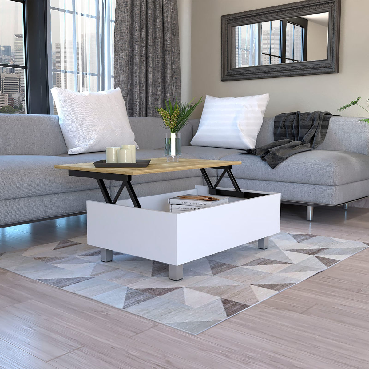 White Lift Top Coffee Table - Rectangular, Freestanding for Living Room