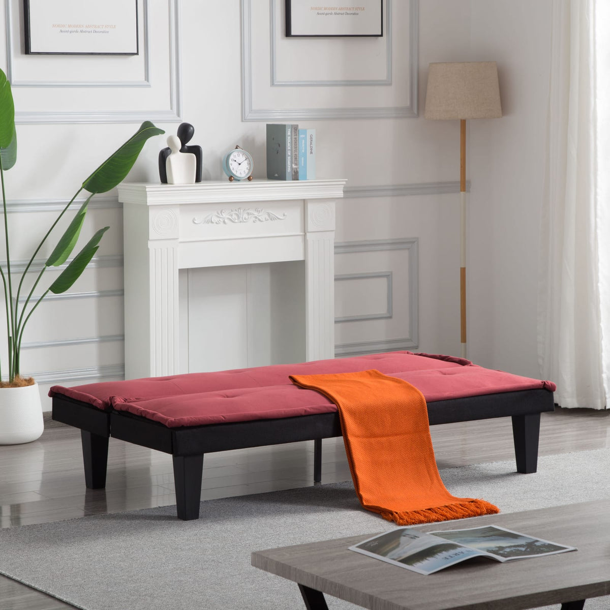 Red Microfiber Convertible Sofa Bed - 2-in-1 Futon for Small Spaces for Living Room