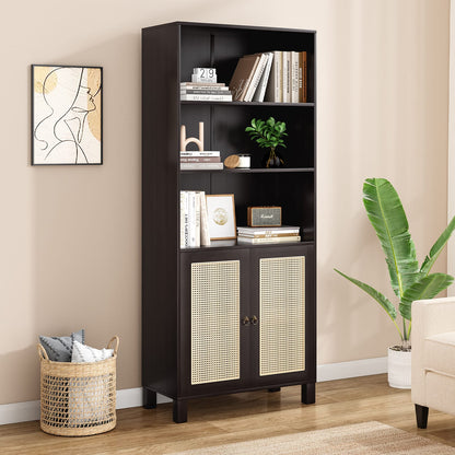 Tall Bookcase with Rattan Doors - 5 Tier Storage, Walnut