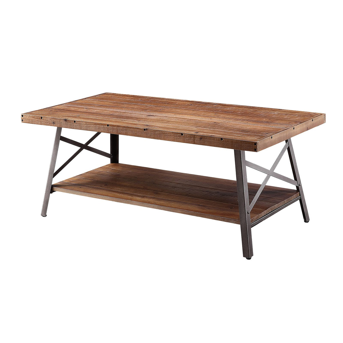 Rustic Oak Wood Storage Coffee Table with Metal Accents for Living Room
