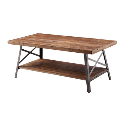 Rustic Oak Wood Storage Coffee Table with Metal Accents for Living Room
