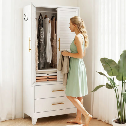 White Metal Wardrobe - Bedroom Storage Cabinet 71" Tall