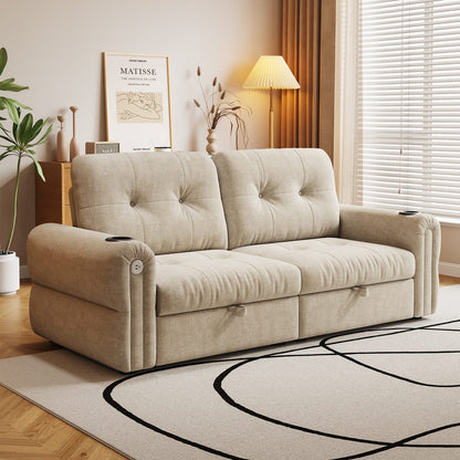 Beige Chenille Convertible Sofa Bed - 77" Multi-Functional Design for Living Room