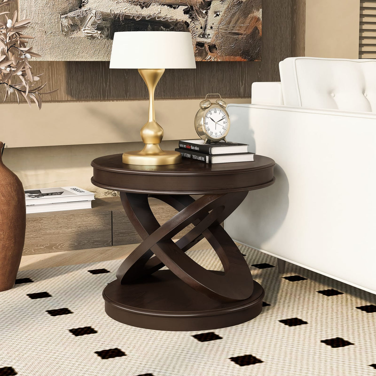 Retro Round Wooden End Table - Espresso, Sofa Side Table with X-Shape Base