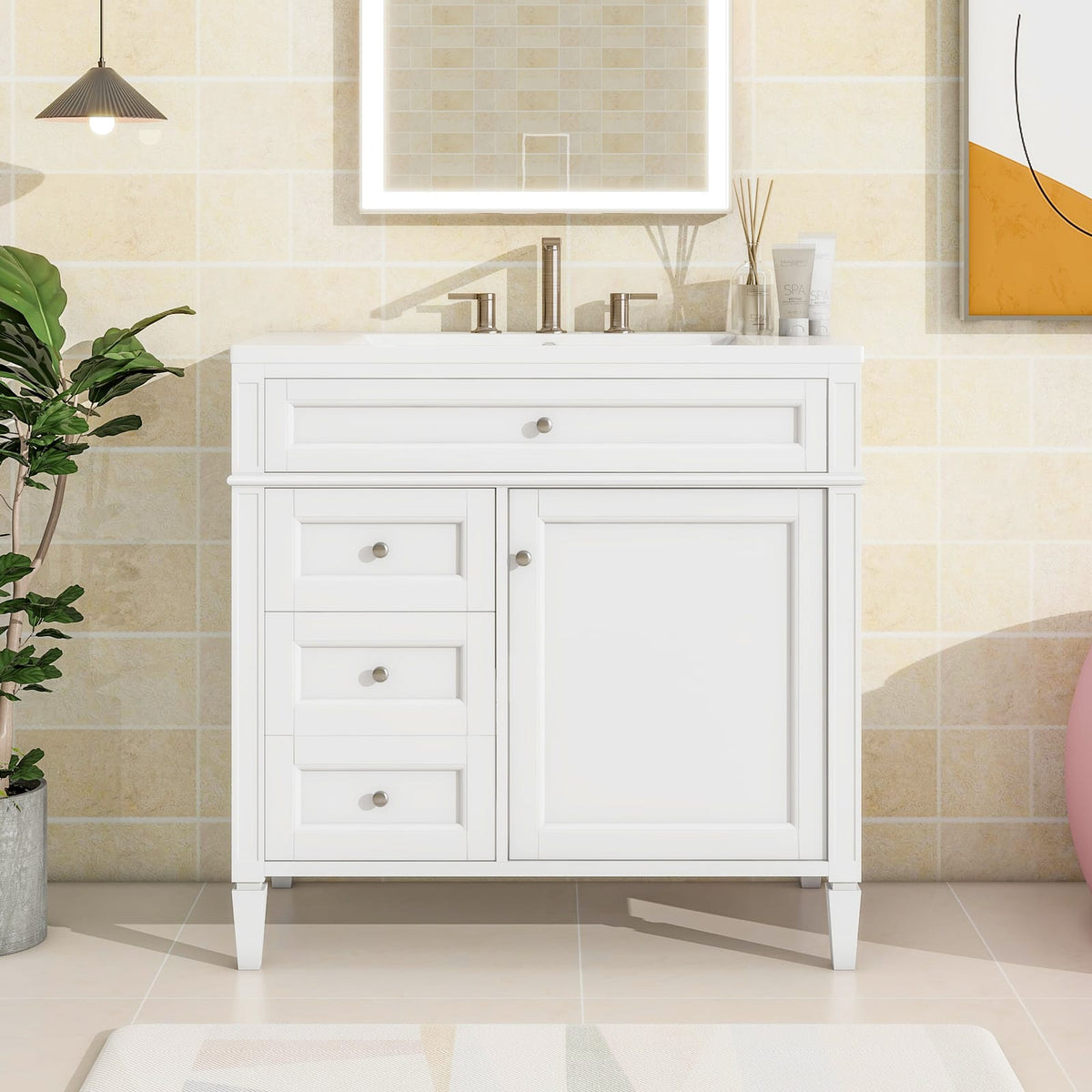 36" White Ceramic Bathroom Vanity with Storage - Modern Design