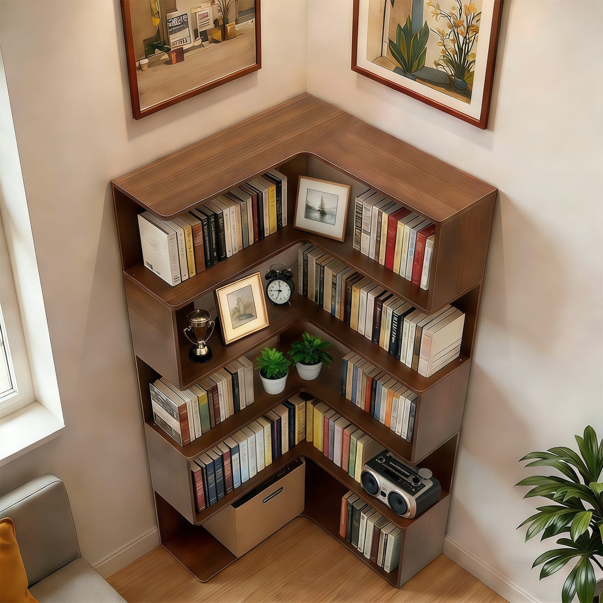6 Tier Corner Bookshelf - Walnut MDF Display Shelf 66" for Living Room