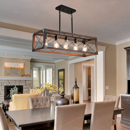 32" Red Wood Industrial Farmhouse Pendant Light - 5-Light Chandelier