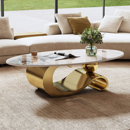 Gold Marble Coffee Table with Gold Steel Base, Oval Design for Living Room
