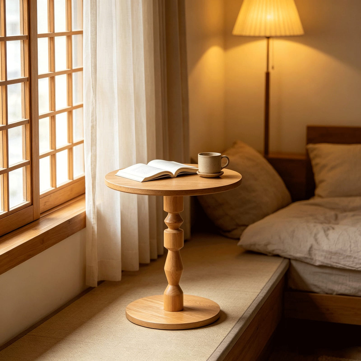 Round Side Table - Light Oak, Mid-Century Modern Style