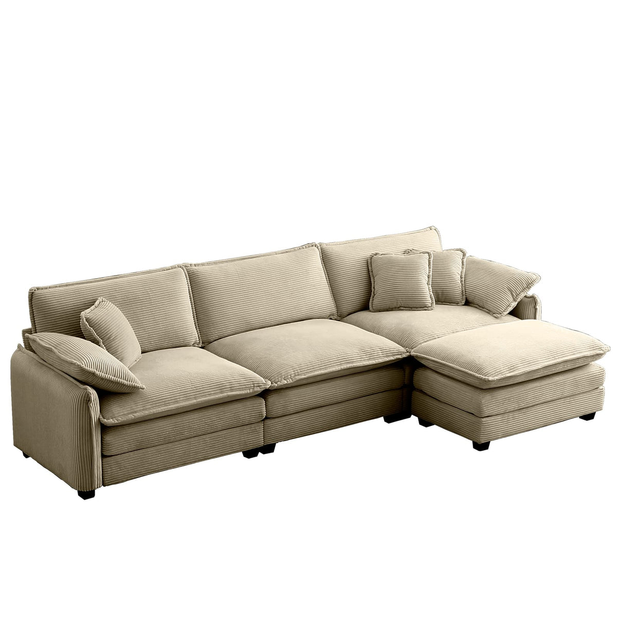 Tan Corduroy 3-Seater Sofa with Footrest - Retro Style for Living Room