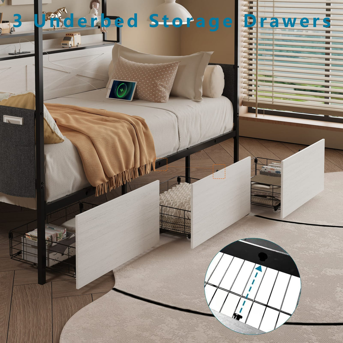 Twin Size Bed Frame with Storage Drawers, White MDF Metal