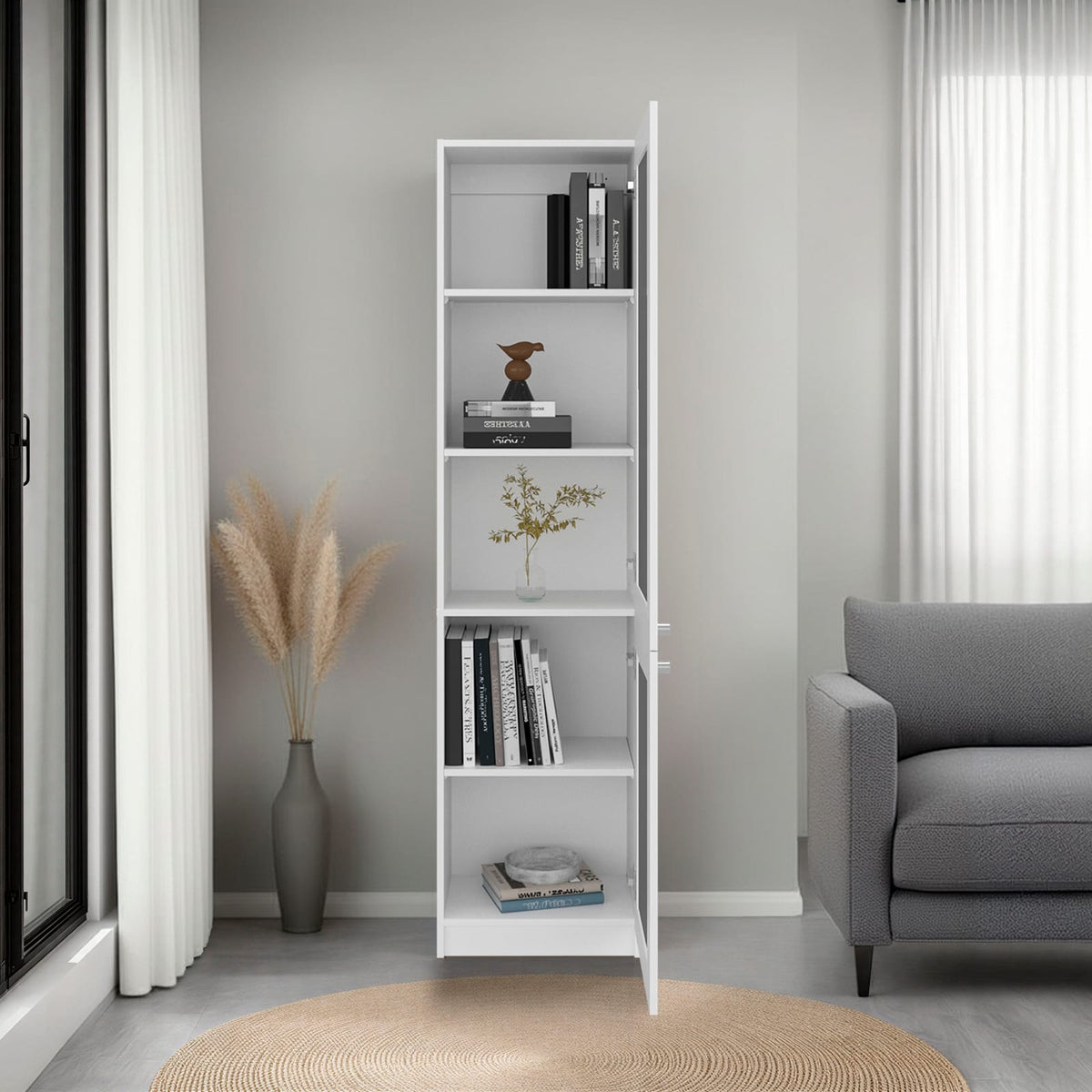 White Bookcase Cabinet with Glass Doors - 5 Shelves for Living Room