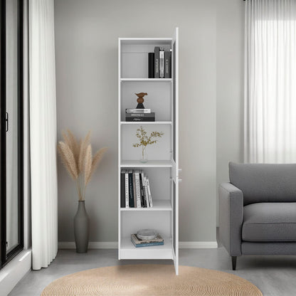 White Bookcase Cabinet with Glass Doors - 5 Shelves for Living Room