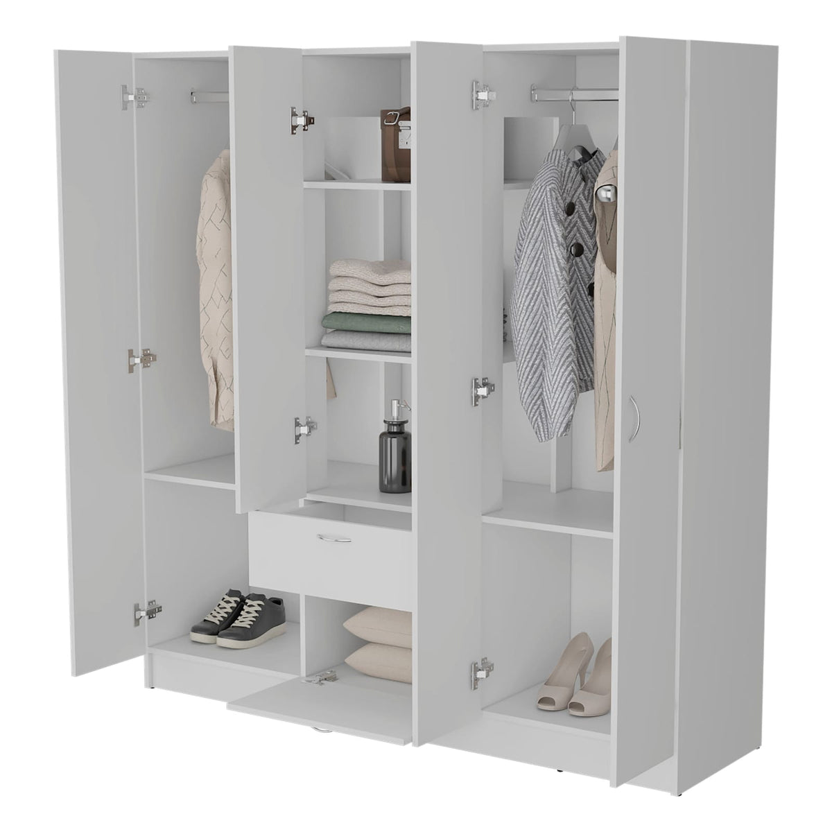 White 6-Door Wardrobe with Shelf and Drawer - Bedroom Storage