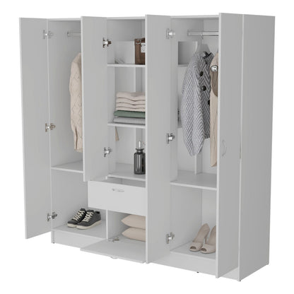White 6-Door Wardrobe with Shelf and Drawer - Bedroom Storage