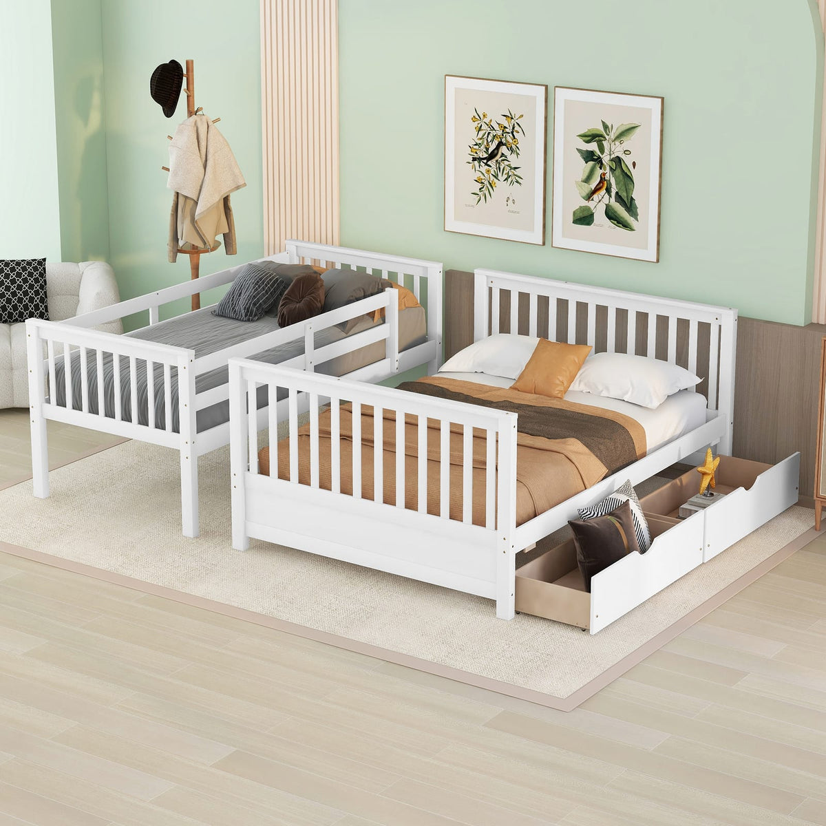 Twin Over Full Bunk Bed - White Solid Wood Frame for Bedroom