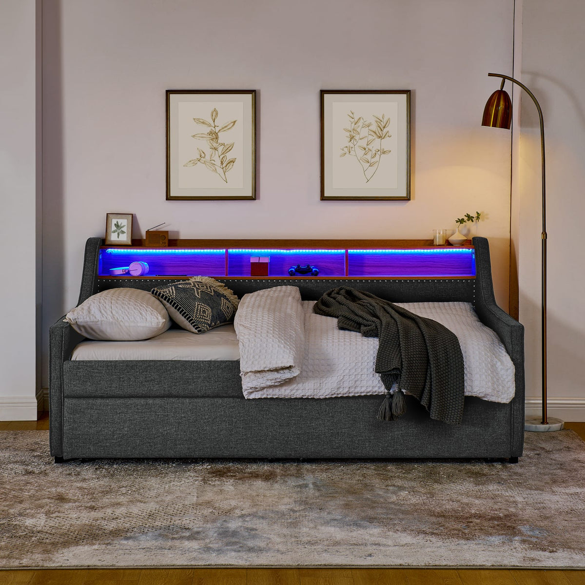 Grey Twin Sofa Bed with LED Lights, Trundle & Charging Storage for Living Room
