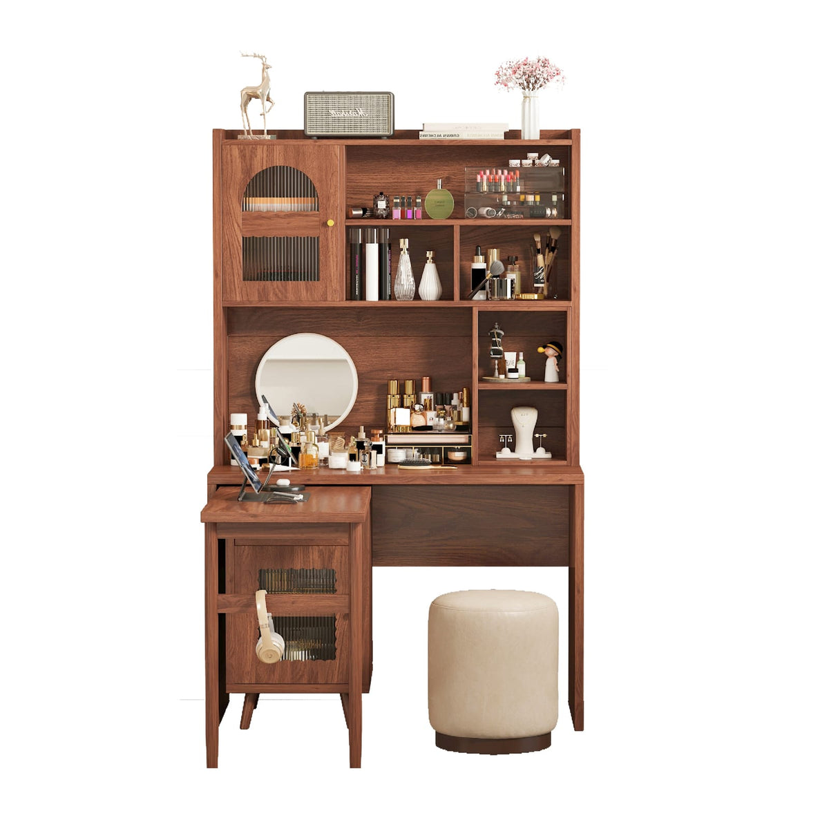 Walnut Rotating Computer Desk with Storage for Work and Study for Home Office