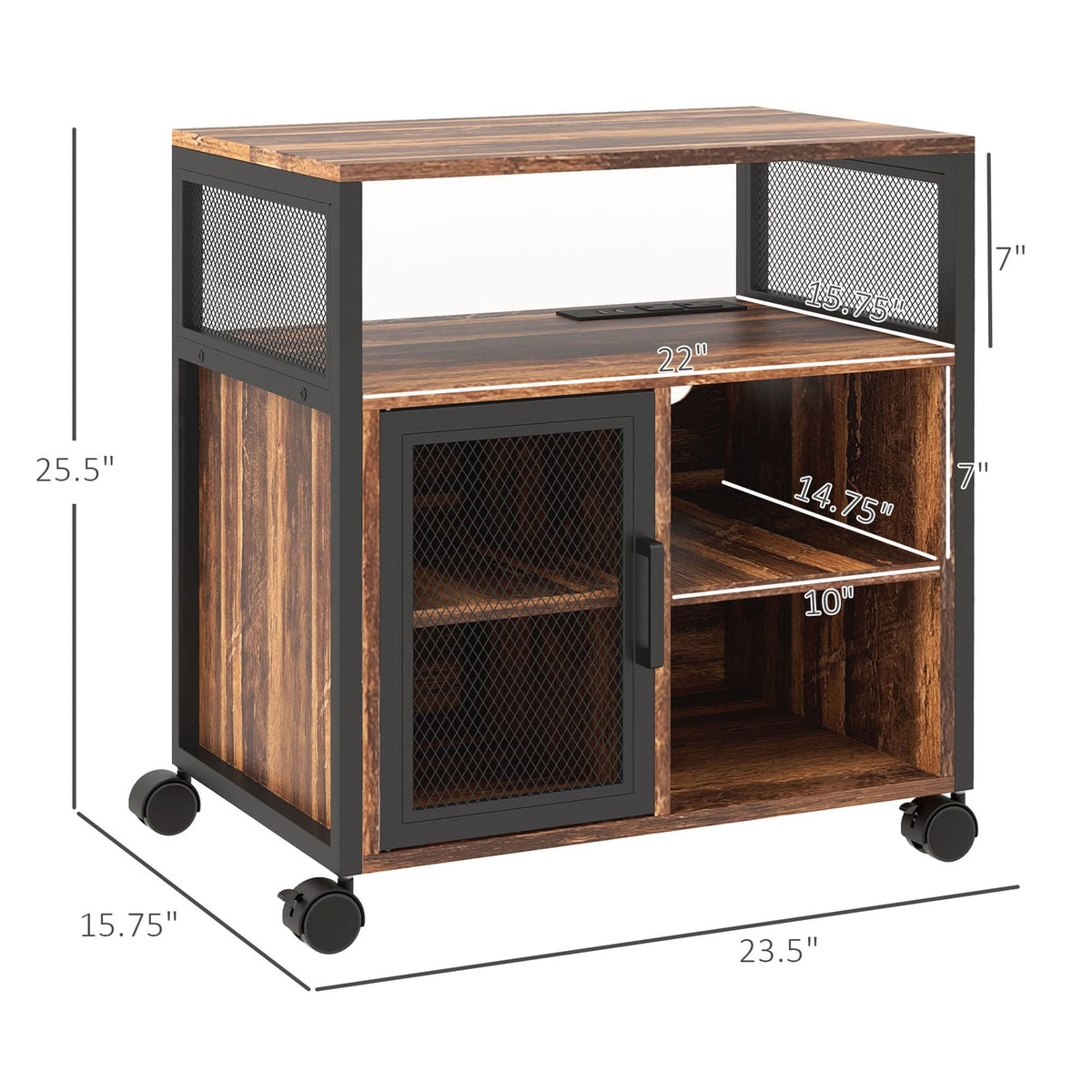 Rustic Brown Mobile Printer Stand - Rolling File Cabinet