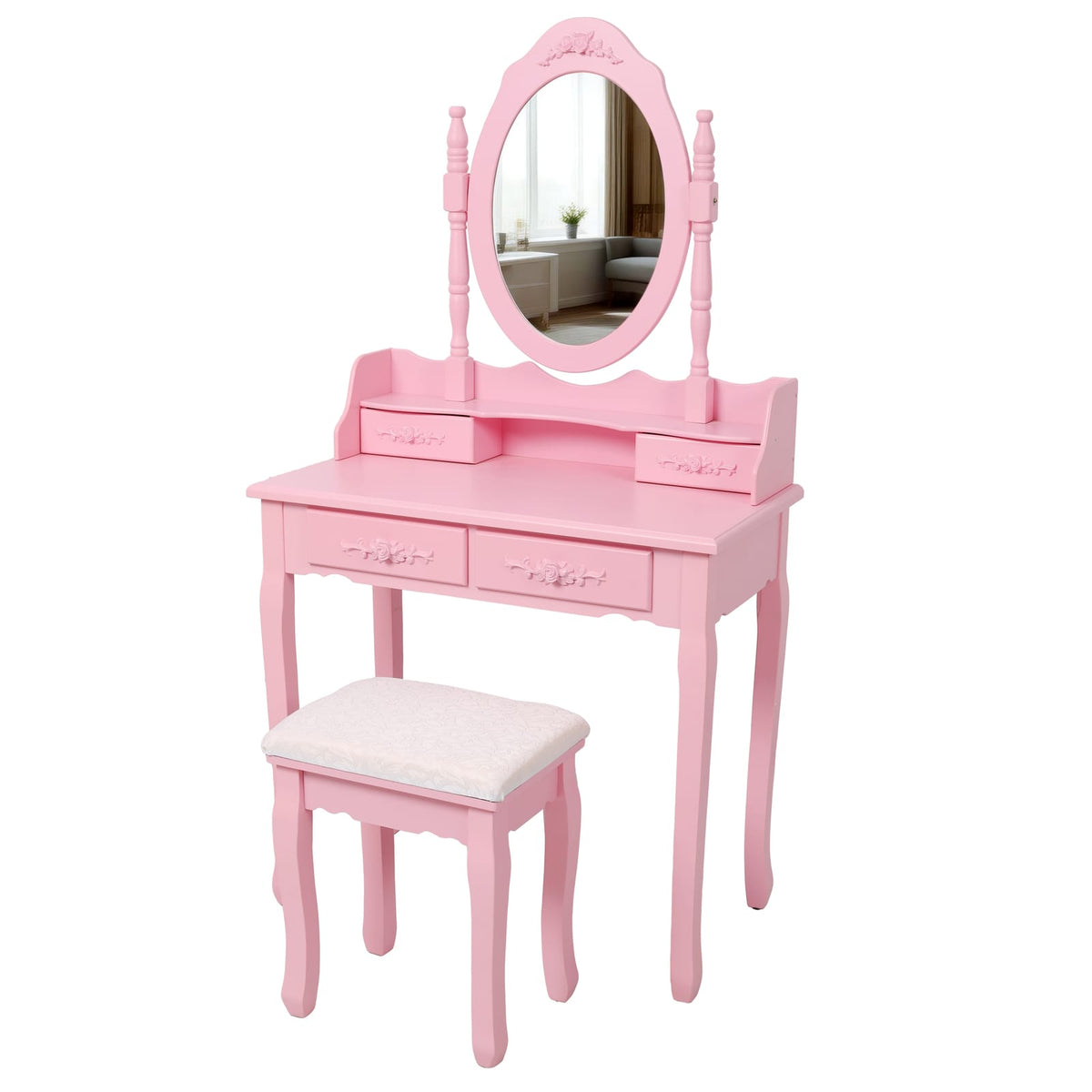 Pink Princess Vanity Desk Set - 4 Drawers, Mirror & Stool