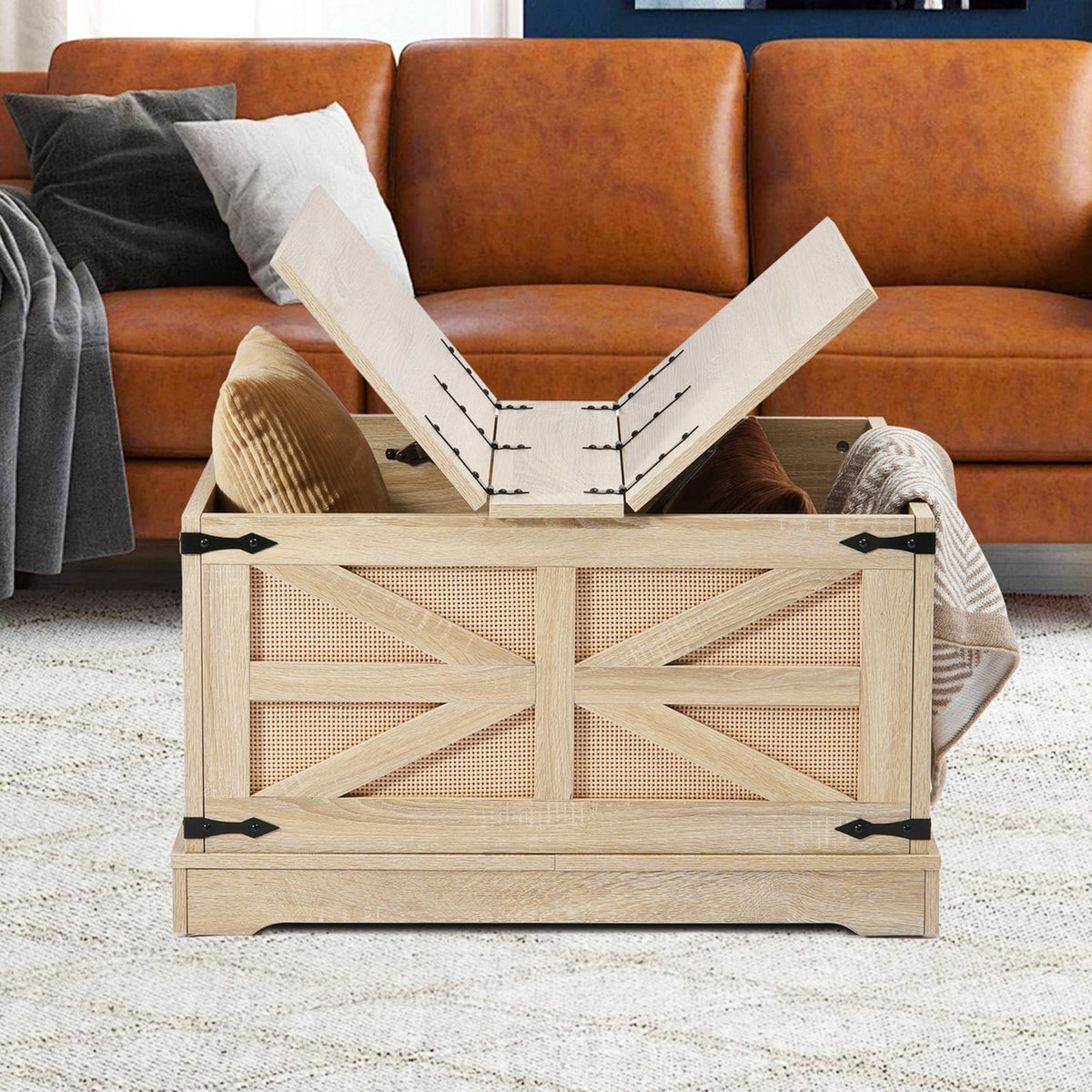 32 Inch Rattan Coffee Table with Storage - Wood Rattan Table for Living Room