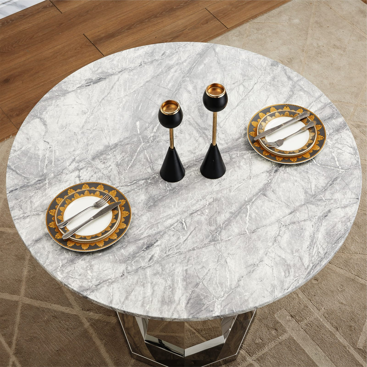47" Round Marble Dining Table - Modern Kitchen Table, Gray+Silver