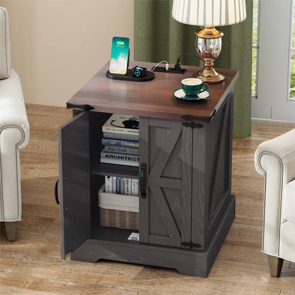 Rustic Grey End Table with Charging Station, Walnut Top, Storage for Living Room