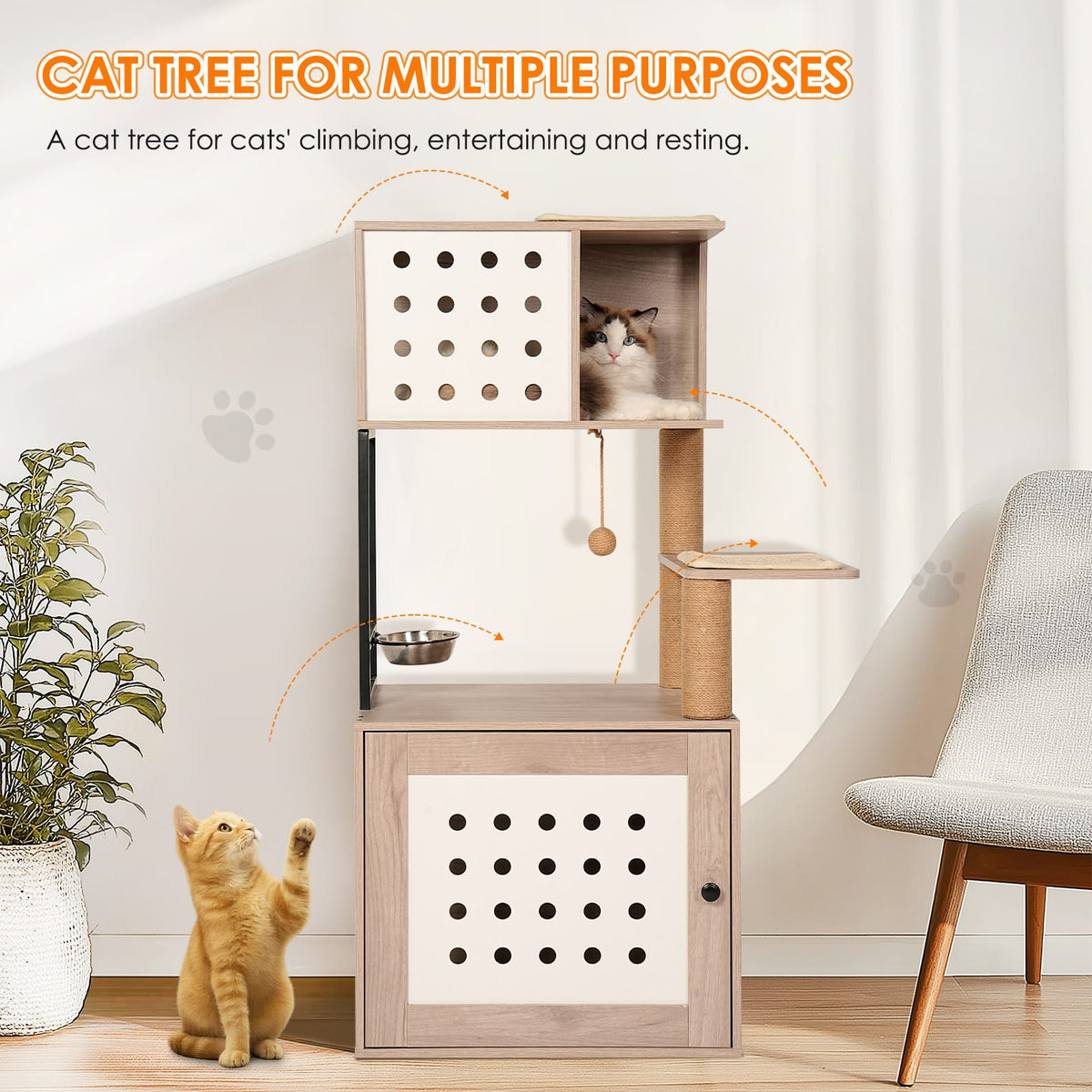 21.65" White+Gray Cat Tree with Litter Box - Modern Pet Furniture