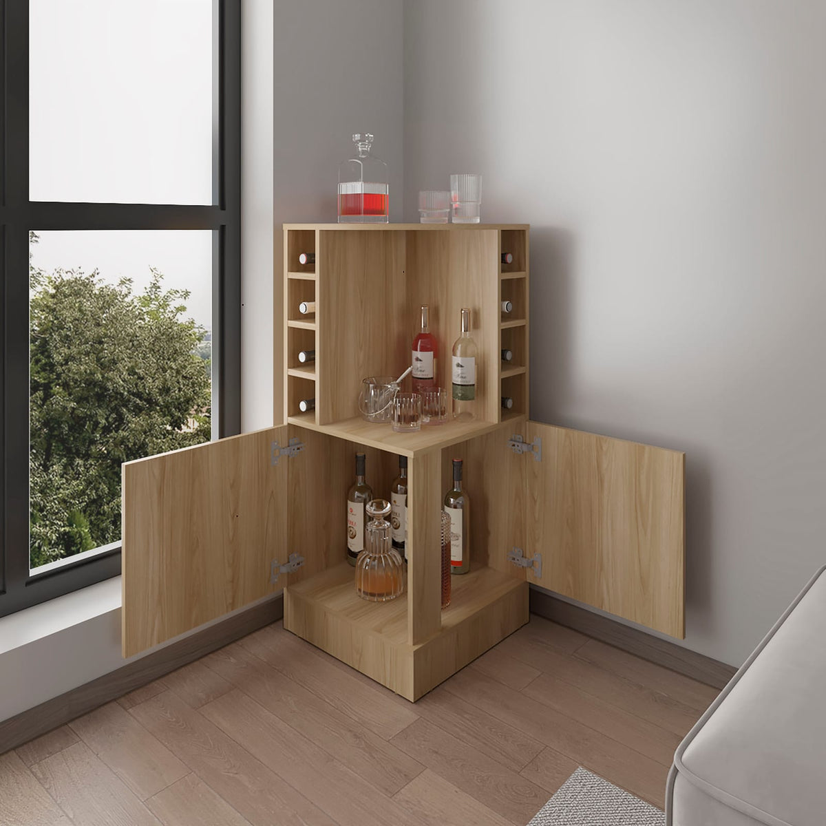 Bar Cabinet with 2 Doors & Wine Storage - Natural Wood for Living Room