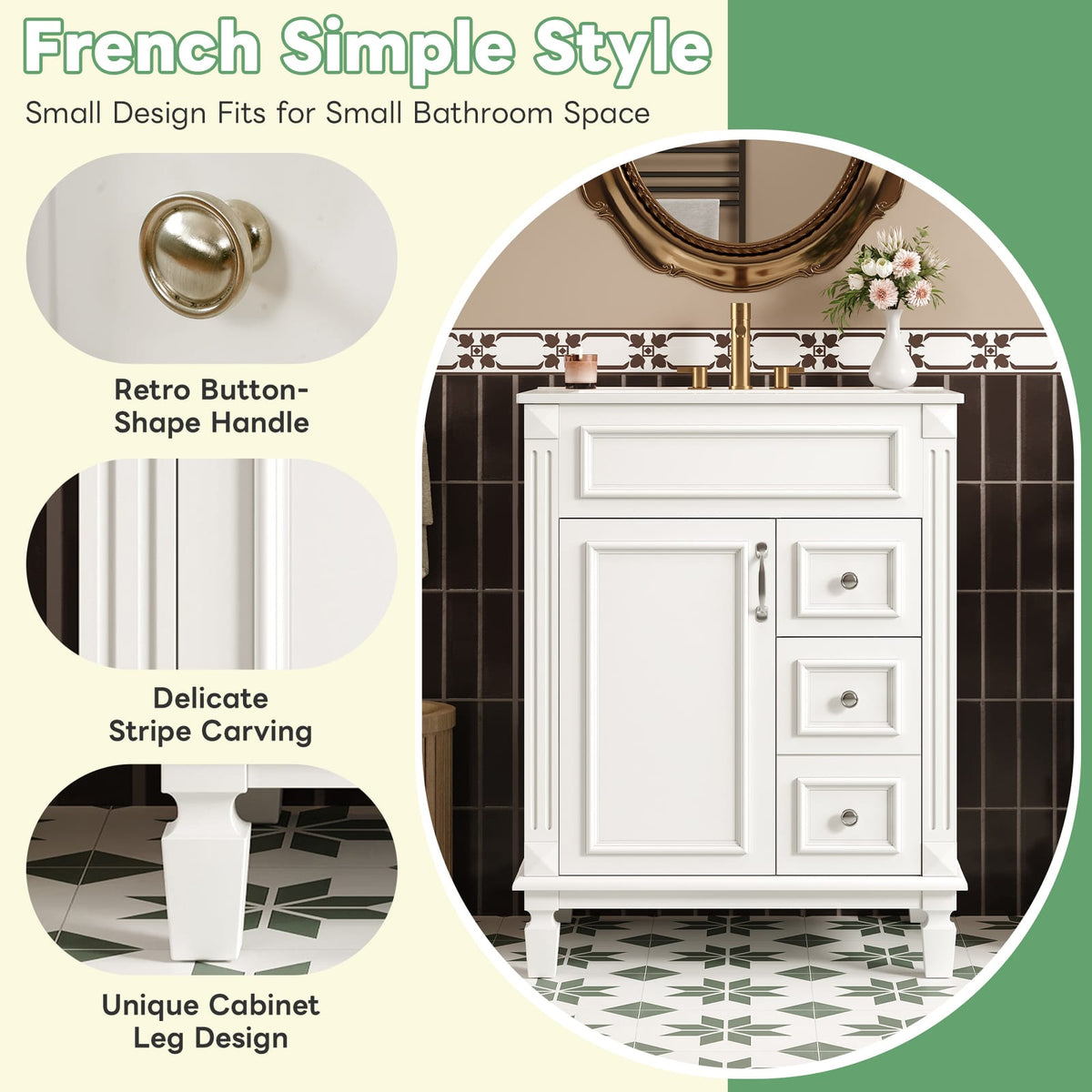 24 Inch White Bathroom Vanity with Ceramic Sink and Two Drawers