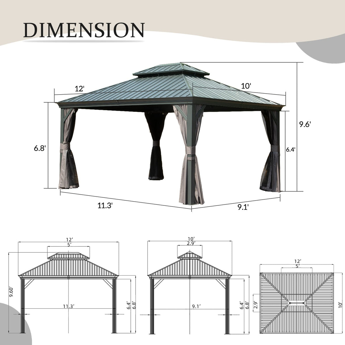 10x12 Hardtop Gazebo Outdoor Shade Structure in Grey Aluminum