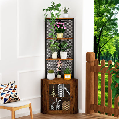 Rustic Brown Wood Corner Cabinet - 65" Storage Shelf with Charging Station