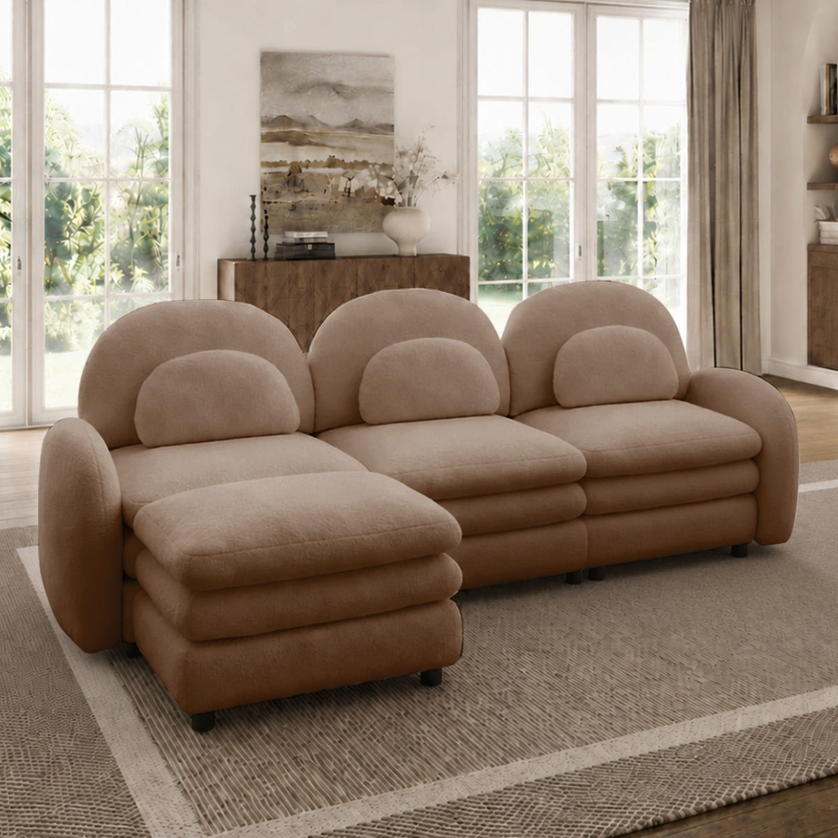 Camel Teddy Fabric 3-Seat Sofa - Curved Backrest & Armrests