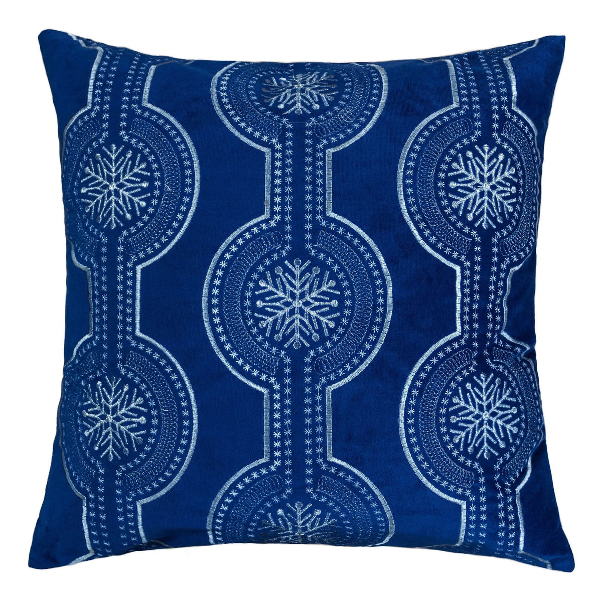 Blue Velvet Throw Pillow with Snowflake Embroidery - 20x20