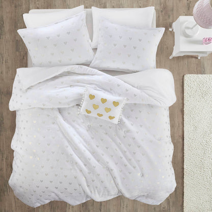 Full/Queen Plush White Comforter Set with Heart Motif
