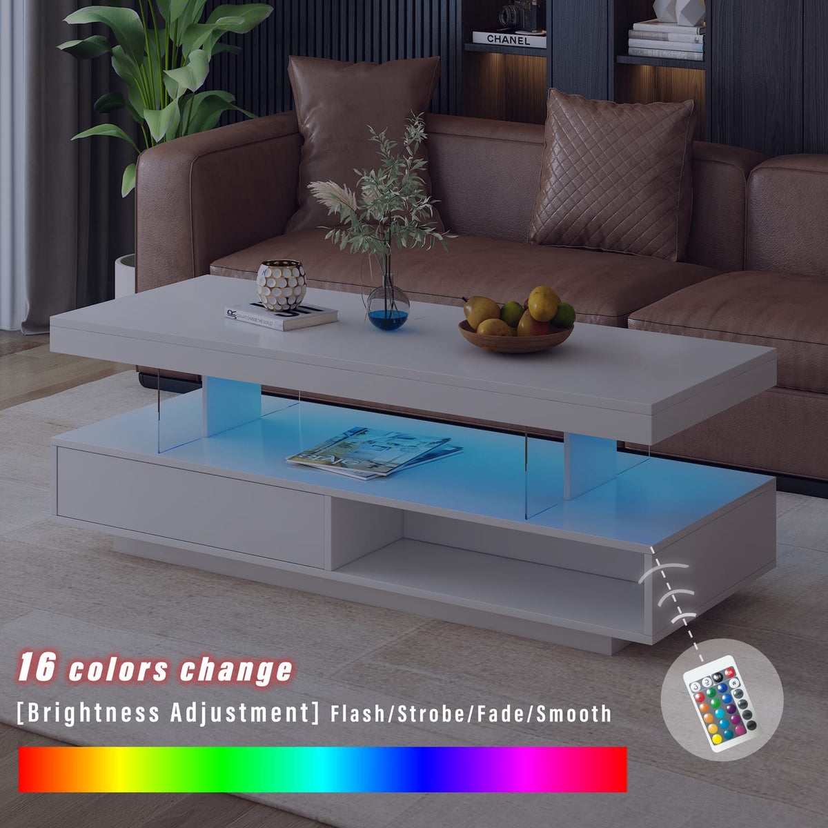 White LED Coffee Table with Storage Drawers