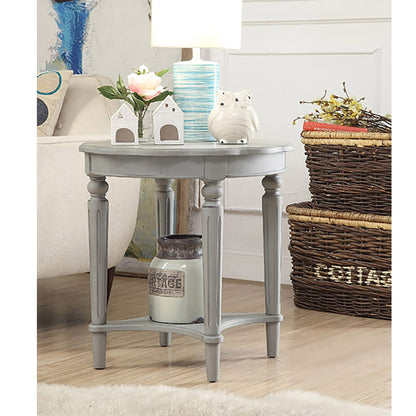 Grey Farmhouse Round End Table with Storage Shelf for Living Room