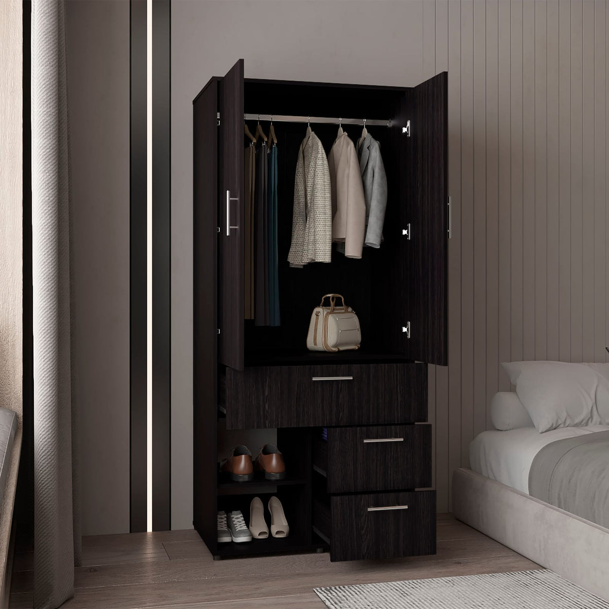Alpine Armoire - Black: Tall Storage Dresser with Shelves & Hanging Rod