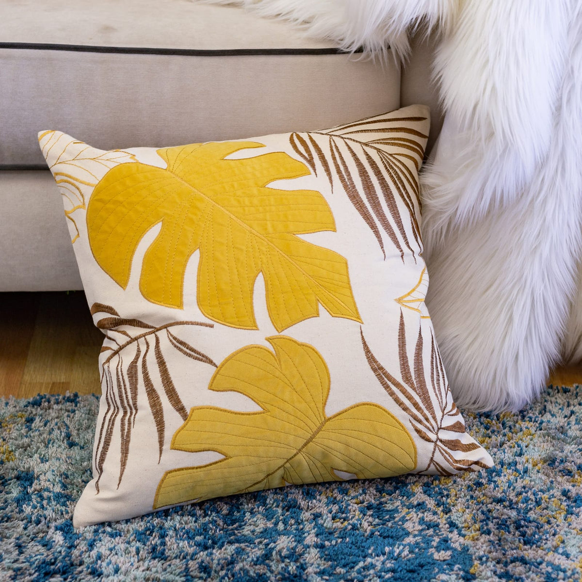 20x20 Yellow Polyester Leaf Pillow Cover