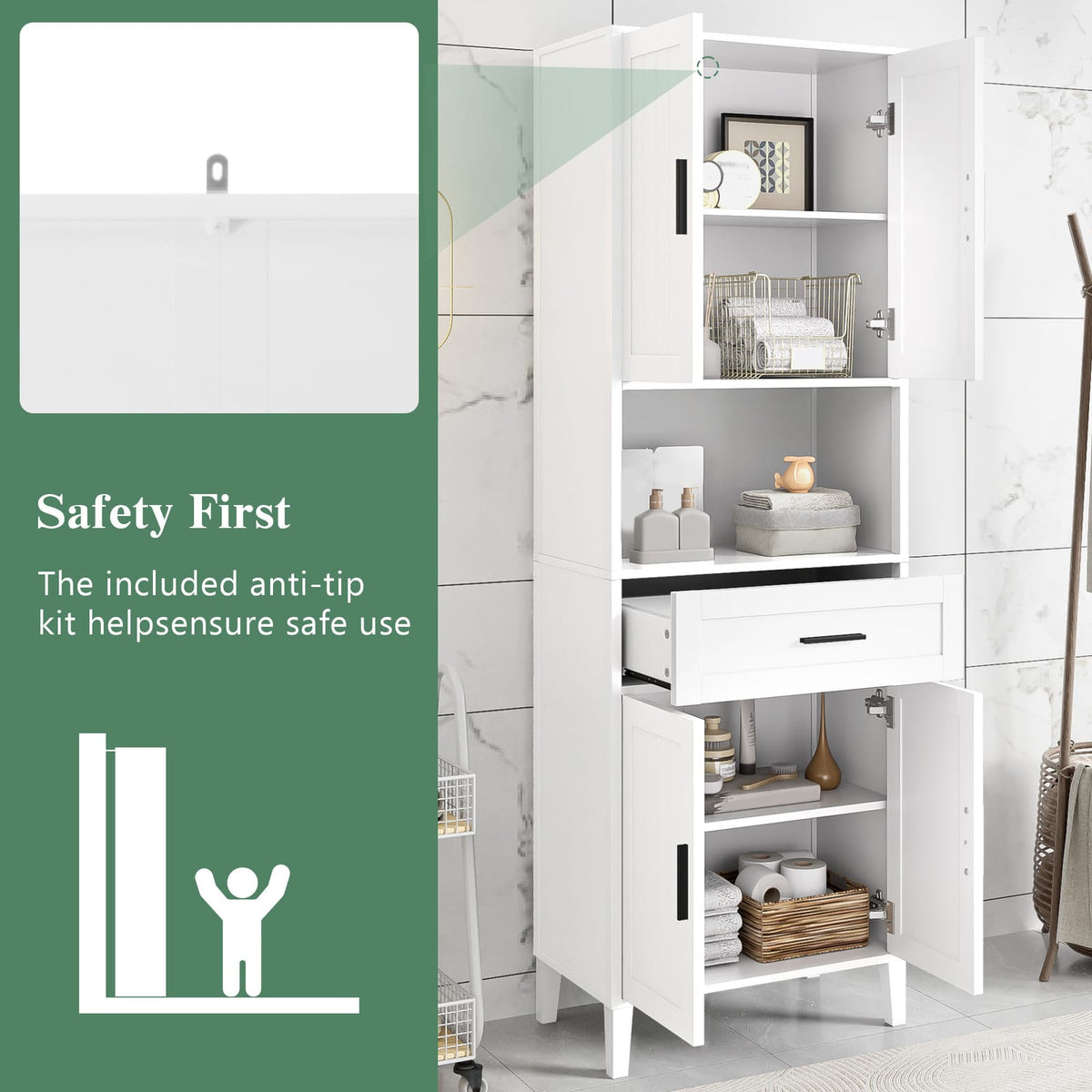 White Bathroom Cabinet with Drawer & Shelves - 70.9" Tall